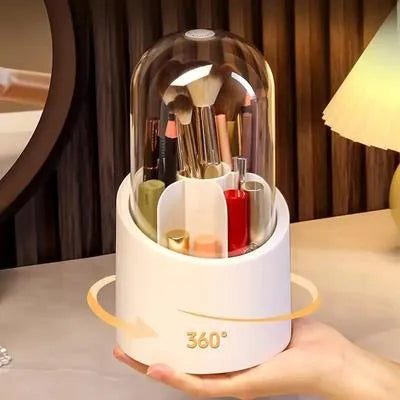 360° Rotating Makeup Brush Organizer with Dust-Proof Dome