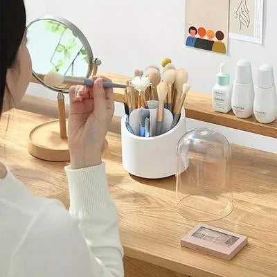 360° Rotating Makeup Brush Organizer with Dust-Proof Dome