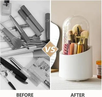 360° Rotating Makeup Brush Organizer with Dust-Proof Dome