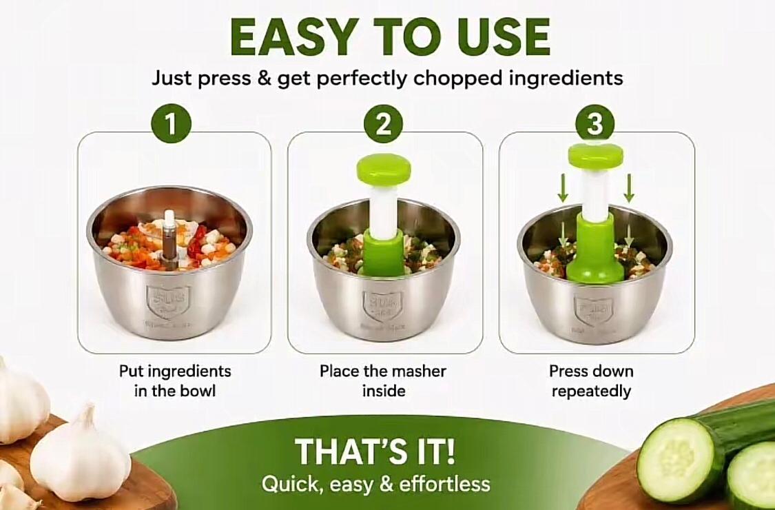 2.0L Premium Unbreakable Stainless Steel Manual Chopper (4 Blades)