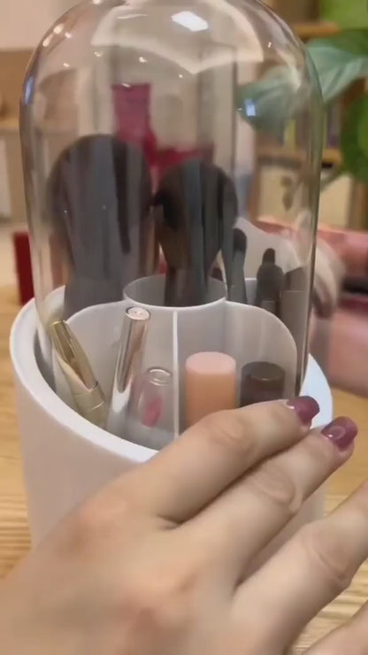360° Rotating Makeup Brush Organizer with Dust-Proof Dome